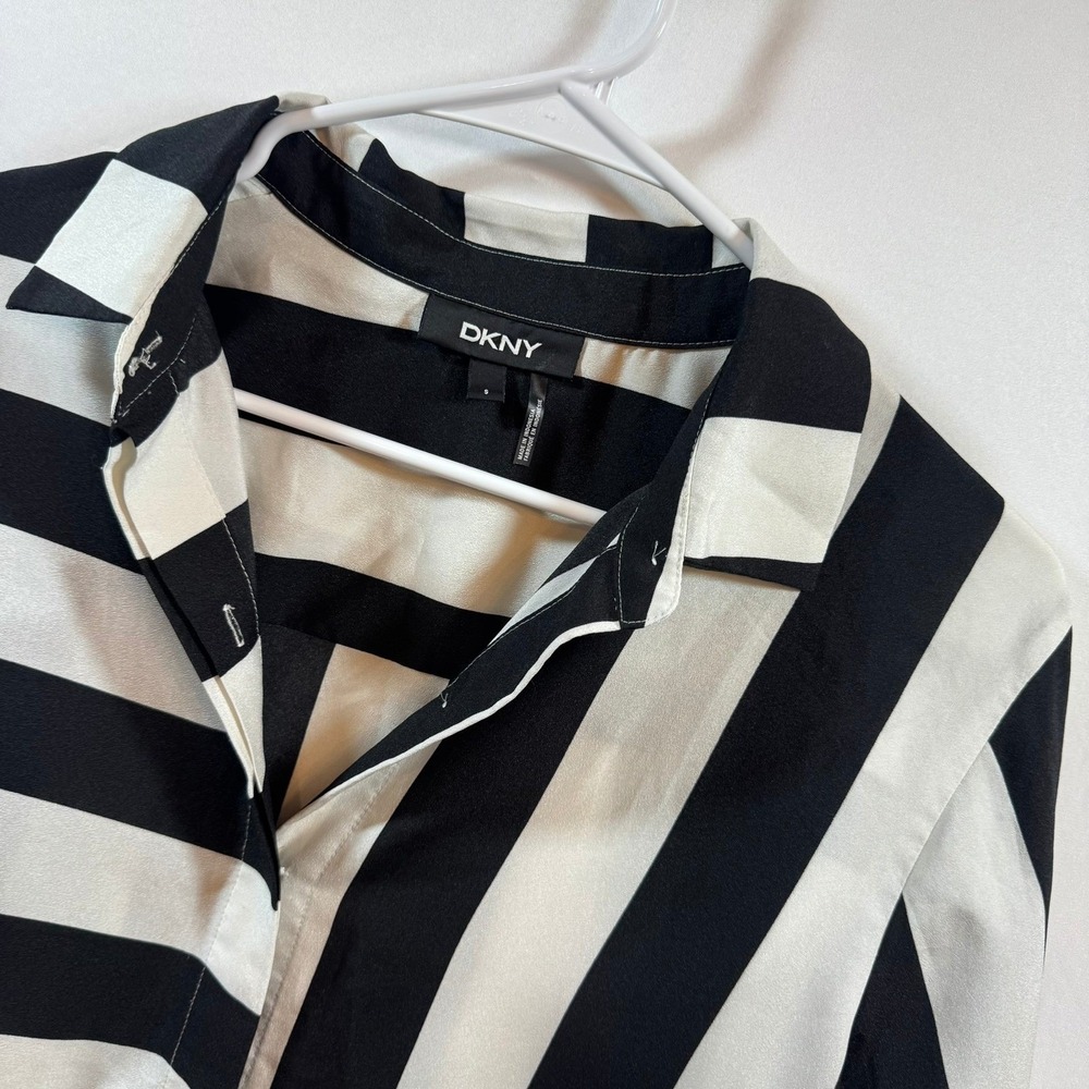 DKNY Womens Black White Bold Stripe Button Down Long Sleeve Blouse Small